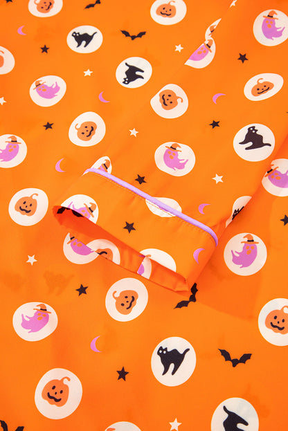 Orange Halloween Print Lapel Shirt Long 2pcs Pajama Set