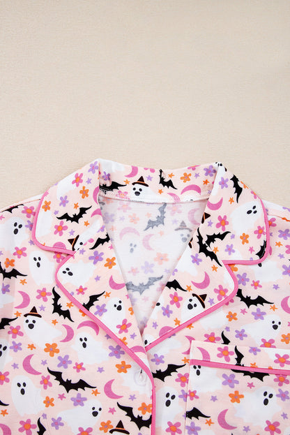 Pink Halloween Eve Haunted Honey Bat Print Pajama Set