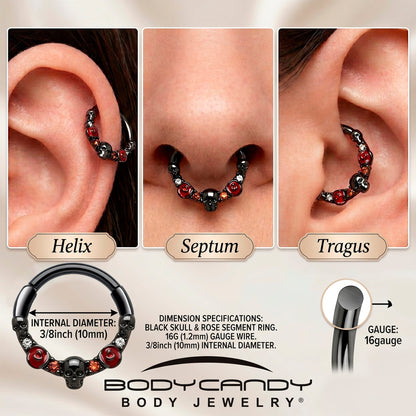 16G 3/8 Red Clear CZ Gem Black Skull Halloween Hinged Segment Ring