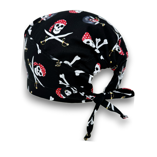 Halloween Men's Scrub Cap. Pirate skull tie-back style surgical cap by Paradise Caps.